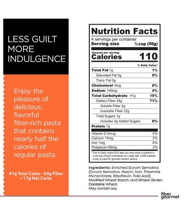 Fiber Gourmet Light Rotini Pasta - Low Calorie & Fiber-Rich - Made in Italy - Non-GMO, Kosher, Vegan - 8 Oz (Pack of 2) - Buy Online on SooperMarket.com