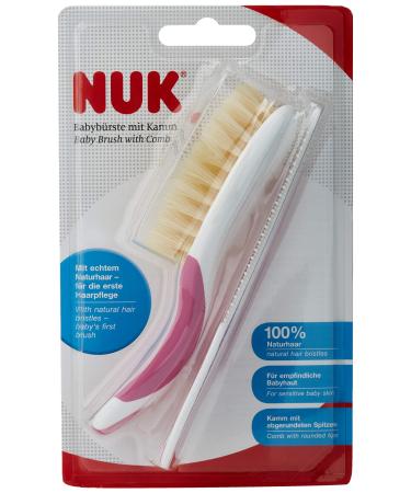 NUK baby brush made of 100% natural hair with comb with rounded tips 1 piece pink Rosa Single
