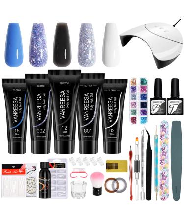 Poly Nail Gel Kit, 5 Pcs Poly Nail Extension Gel Set with 36W U V LED Nail Lamp VANREESA Soak Off Top & Base Coat Gel Nail Starter Kit Gift for Women BULE+BLACK