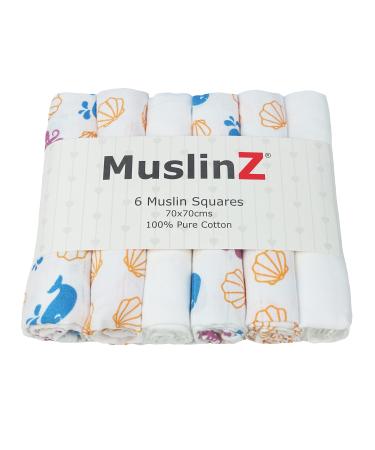 MuslinZ 6pk Baby Muslin Squares Burp Cloths Dribble Cloth Breastfeeding Cover 70x70cm 100% Pure Cotton Absorbent & Breathable (Sealife)