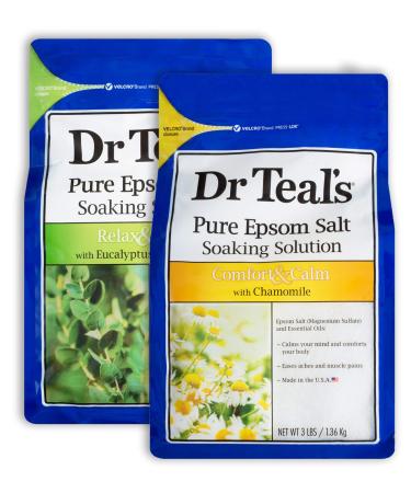 Dr. Teal's Pure Epsom Salt Bath Soaking Solution Gift Set - (2 Bags  6 lbs Total) - Relax & Relief Eucalyptus & Spearmint  Comfort & Calm with Chamomile - Stimulate Senses and Calm The Body at Home