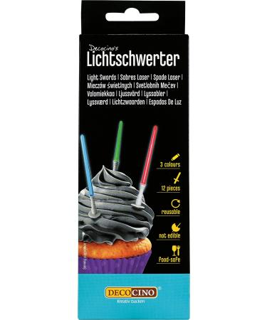 Decocino lightsyvers 12 pcs. - 10.5 cm - reusable muffin topper in red blue and green - ideal for decorating cupcakes cakes or tarts