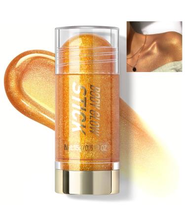 Body Glitter Shimmer Stick Shiny Glow Jelly Cream Highlighter Stick Eye Lip Face Brighten Moisturizing Long Lasting Body Luminizer Singer Concert Music Rave Festival Illuminator Makeup-Gold 01#