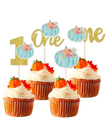 Rsstarxi 24 Pack Pumpkin One Cupcake Toppers Pumpkin 1st Birthday Cupcake Picks Decorations for Fall Theme Baby Shower Kids First Birthday Party Cake Decorations Supplies Blue Design 12 Blue