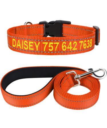 Tagme dog collar and leash personalizing reflective dog collar with 1.5m double -sided reflective dog leash for large dogs orange l (1 Pack) orange set