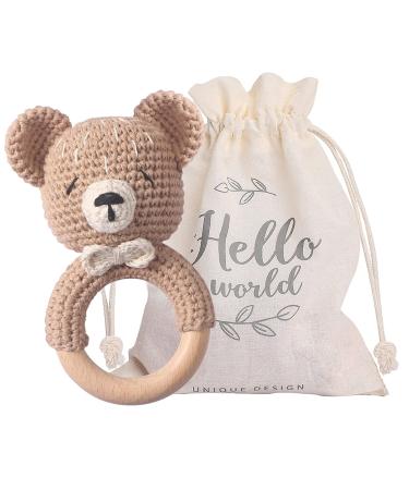 Youuuys baby lass crocheted wood crochet animals gripping baby wood rattles baby with sound handmade rattles for newborn baby gift boy and girl gift for birth (small bear) kaki bear