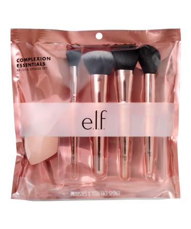 e.l.f. Cosmetics Complexion Essentials Brush & Sponge Set  Concealer  Powder  Blush & Highlighter Brushes & Total Face Sponge For A Perfect Complexion