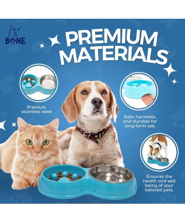 Double Slow Feeder Dog Bowl | Raised Non-Slip Stainless Steel Cat Food & Water Bowl | Detachable Blue Cat Bowl - Buy Online on SooperMarket.com