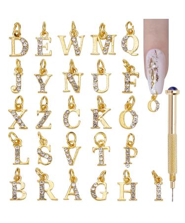 NICENEEDED 26Pcs A-Z Rhinestone Alphabet Nail Charms Gold Letter Dangles with Nail Piercing Tool 3D Alloy English Letters Nail Pendants for Nail Decor DIY Earrings Jewelry Bracelet