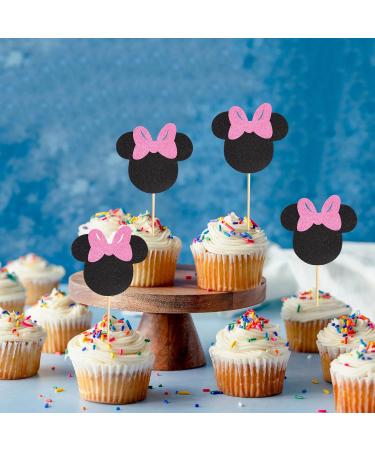 Arthsdite 24Pcs Mouse Inspired Cupcake Toppers with Pink Bow Black Glitter Mouse Cake Decorations for Baby Shower Wedding Kids Birthday Party Cake Decorations Supplies - Black Glitter - Buy Online on SooperMarket.com