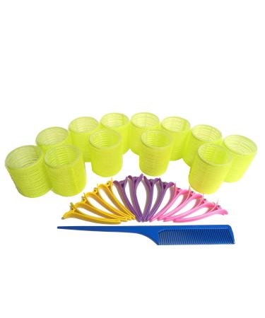 Kamay's 12PCS 48mm 1-1/2" Hair Rollers Curlers Rollers With 12 Duckbill Sectioning Clips 1 Comb Used for Hair Styling Self Grip Rollers 48mm Clips Comb Set