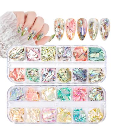 24 Grids Seashell Nail Art Nail Flakes, Wsimily Irregular Abalone Seashell Slices for Nails Colorful Abalone Flakes Manicure Mermaid Slices UV Gel Flake Nail Decorations for Nail Art