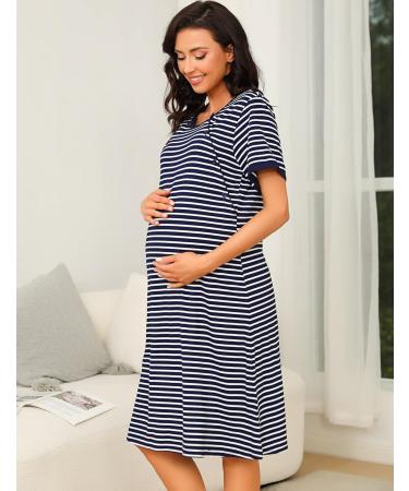 Sykooria Maternity Nursing Nightdress - Short Sleeve V Neck Nightgown for Pregnant Women - Stripe Dark Blue M - Buy Online on SooperMarket.com