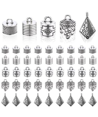 PH PandaHall 50pcs Tibetan Style Cord Ends 5 Styles 9 15mm Inner Diameter Large Size Glue-in Cord Terminators Barrel End Tip Silver Cord Caps with Loop Ring for Jewelry Tassel Keychain Bag Pendant