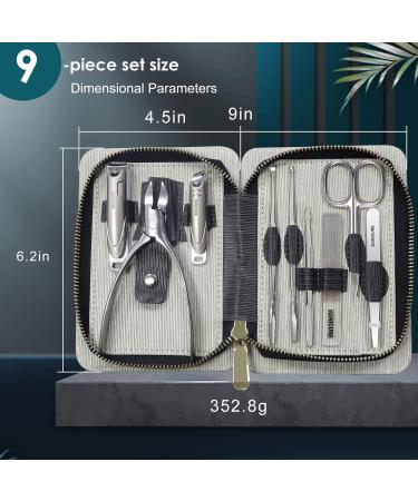 Professional 9-in-1 Manicure Set with Leather Case - Stainless Steel Nail Clippers Kit for Men - Black Grooming Kit with Fingernail & Toenail Clippers - 9 Piece Set - Buy Online on SooperMarket.com