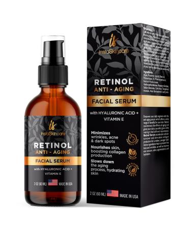 Retinol Serum for Face with Hyaluronic Acid + Vitamin E and A + Aloe Vera - DOUBLE SIZED (2Oz) - Anti-Aging Serum Pore Tightener Fade Dark Spots Clinical Strength Formula by InstaSkincare Retinol Serum 2Oz