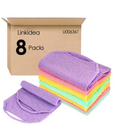 Linkidea 8 Pack Stretchable Pull Strap Exfoliating Towel Bulk Pack Wholesale Multi-Pack Exfoliating Back Scrubber with Handles Scrub Bath Washcloths Deep Cleans Skin for Body Shower