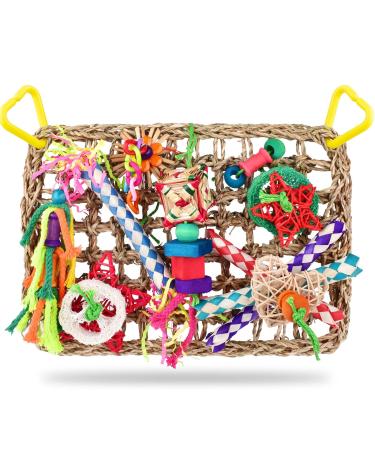 KATUMO Bird Toys, Bird Foraging Wall Toy, Edible Seagrass Woven Climbing Hammock Mat with Colorful Chewing Toys, Suitable for Lovebirds, Finch, Parakeets, Budgerigars, Conure, Cockatiel