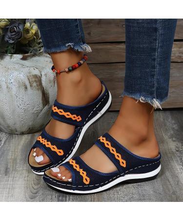 2023 Women's Orthopedic Arch Support Sandals - Blue Leather Diabetic Walking Wedge Sandals for Wide Width Comfort - Buy Online on SooperMarket.com