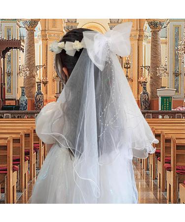 First Communion Veil with Light and Crystal First Holy Communion Veil for Girls White Bow and Flower Crown Lace Veil First Communion Headpiece for Girls First Communion Veil - Buy Online on SooperMarket.com