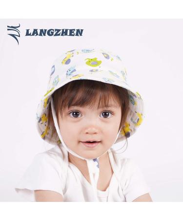 LANGZHEN Beach Sun Protection Hat for Baby Girls | Adjustable Toddler Kids Hat with Chin Strap | Wide Brim Summer Play Hat in White - Animals | 6-12 Months - Buy Online on SooperMarket.com