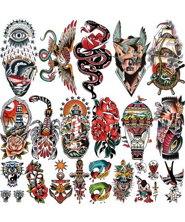 77 sheets Classic Temporary Tattoos Old School Tattoos Stickers  Sailor Jerry Style Vintage Design Fake Tattoo  American Traditional Flower Rose Arm Temporary Tattoos for Women Men Adults Kids