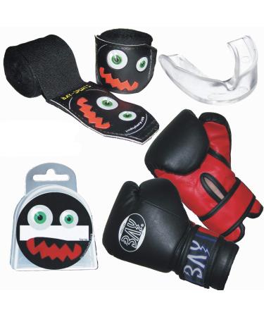 Sparset Bay Monster Face 3D - boxing gloves + boxing bandages + tooth protection + can - "Kids Junior Basic" 2.5 "especially for children black + diapered elastic and a little thinner 2.5 meters x 5 cm boxing bandages couple tapesTooth protection Mouth Pr