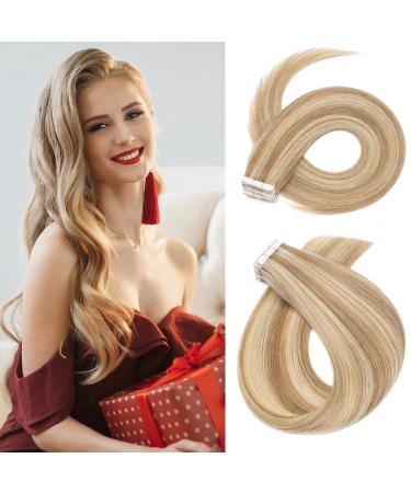 Tape Hair Extensions 20 pieces Human Balayage Real Remy Human Hair (18 inches 50g) #12P613 Golden Brown&Bleach Blonde Skin Weft