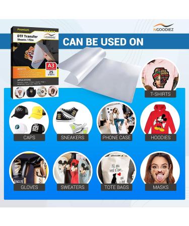 NGOODIEZ DTF Transfer Film Double-Sided Heat Transfer Film Matte A3 Size 25 Sheets - Buy Online on SooperMarket.com