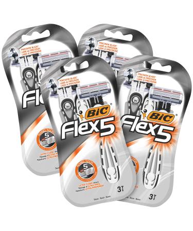 BIC flex 5 razors men 12 disposable razors with 5 blades each with aloe vera & vitamin E for a gentle shave 3 pieces (4 Pack) single