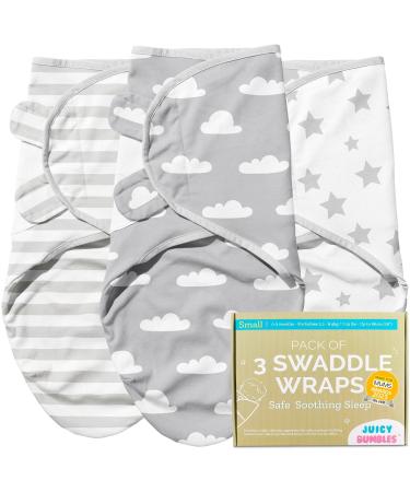 Juicy Bumbles Swaddle Blanket 0-3 Months - 100% Cotton Baby Swaddle Wrap Newborn - Set of 3 Swaddle Wrap - Baby Essentials for Newborn Baby Boy and Girl Stars and Clouds Small: 0-3 Months
