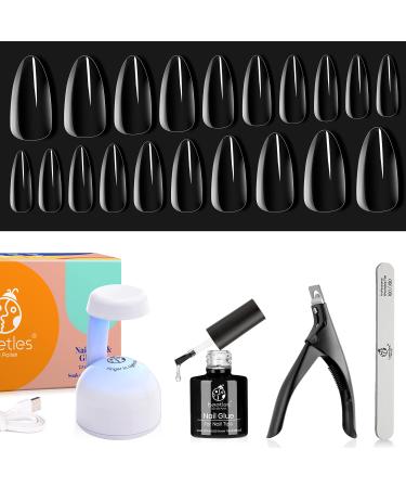 Beetles Easy Gel Tips Nail Extension Kit, 2 In 1 Nail Glue Gel Base Coat with Pre-shaped Medium Almond Nails and UV LED Nail Lamp Acrylic Nail Clipper for Gel Art Polish DIY Manicure B-Medium Almond