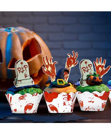 72PCS Halloween Cupcake Toppers - Zombie Hand Tombstone & Horror Red Handprint Cupcake Supplies for Halloween Party - Buy Online on SooperMarket.com