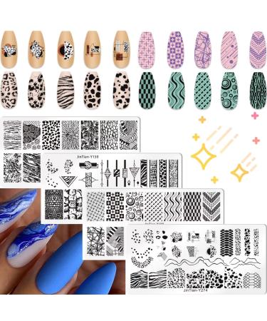RUNRAYAY 4Pcs Geometric Series Nail Stamping Plates for Nails Image Nail Templates Nail Stencils for Nails Art Stamping Kit Nail Stamp Plates Set Printing Tools for Women and Girls Diy