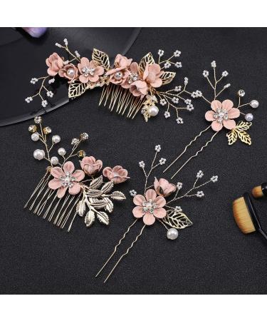 4-Piece Light Pink Gold Wedding Hair Comb Set | Rhinestone Bridal Hair Clips | Elegant Wedding Accessories - Buy Online on SooperMarket.com