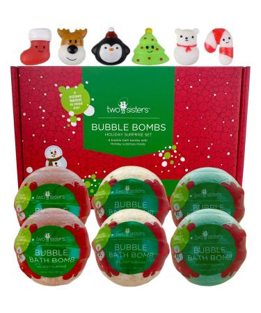 Christmas Squishy Bubble Bath Bombs for Kids with Surprise Holiday Squishy Toys Inside by Two Sisters. 6 Large 99% Natural Fizzies in Gift Box. Moisturizes Dry Skin. Releases Color Scent Bubbles