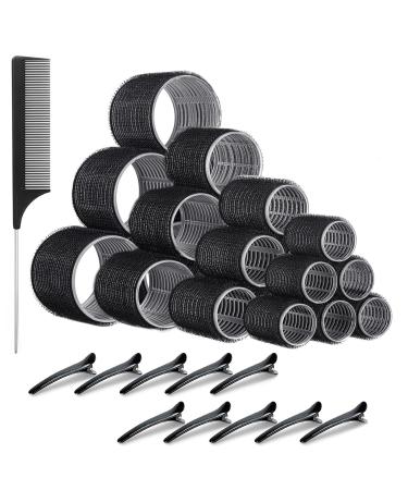 Mabufun Jumbo Hair Rollers Set Hair Rollers Self Grip Curlers For Long Hair No Heat Curlers Heatless Hair Rollers With Clips & Comb 24 Packs (Black 24Pcs)
