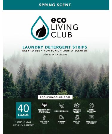 Eco Living Club Laundry Detergent Sheets Hypoallergenic Eco-Friendly Biodegradable Plastic Free Paraben and Cruelty Free Travel Friendly Eco-strips (40 Load) (Spring Scent)