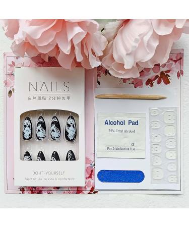 24Pcs Halloween Almond Press on Nails - Black Acrylic False Nails with Grimace & Snake Designs | Long Full Cover Stick on Nails for Women - Buy Online on SooperMarket.com
