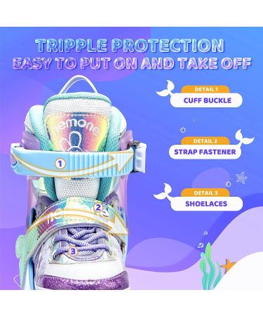 NEMONE Mermaid or Bunny Strawberry Light up Inline Skates - Purple Blue Blades Roller for Girls | 4 Size Adjustable Indoor Outdoor Skates for Kids | A-Mermaid Medium - Big Kid - Buy Online on SooperMarket.com