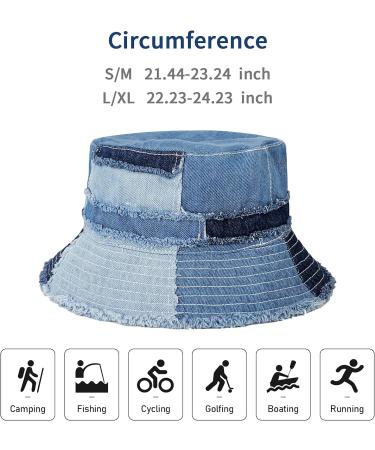 GuanGu Washed Denim Bucket Hat for Women & Men | Packable Summer Sun Hat for Travel | Blue Denim | Small-Medium - Buy Online on SooperMarket.com