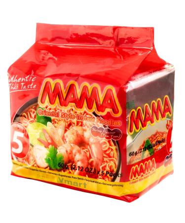MAMA Tom Yum Shrimp Noodles Halal 60g Pack of 5 - Delicious Thai Flavors Hot & Spicy Noodles w/Shrimp Tom Yum Soup Base No Trans Fat w/Fewer Calories Than Deep Fried Noodles