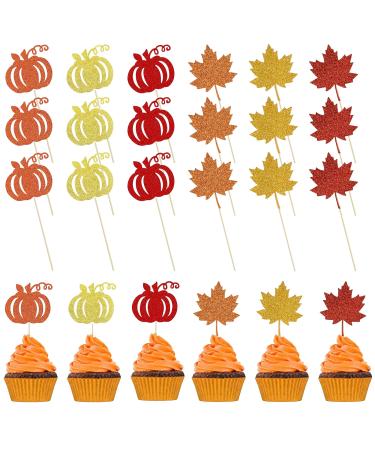 Festive Fall Cupcake Toppers Set - 18-Piece Glitter Maple Leaf and Pumpkin Cake Decorations for Thanksgiving and Autumn Harvest Celebrations - Golden Orange and Red Toppers for Cake and Cupcakes