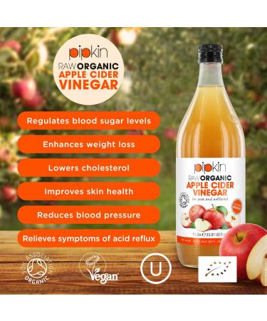Pipkin 1000ml Raw Organic Apple Cider Vinegar with Mother Non-GMO 5% Acidity - Vegan & Vegetarian Friendly (Glass Bottle) - Buy Online on SooperMarket.com