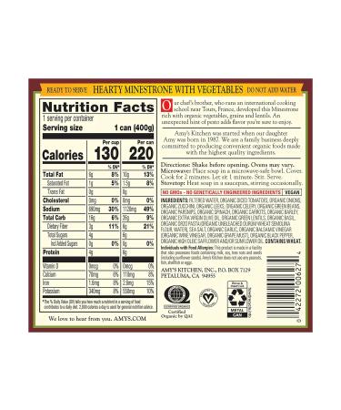 Amy's Soup Vegan Organic Hearty Minestrone 14.1 oz (Pack of 12) - Pasta, Beans, Veggies - Buy Online on SooperMarket.com