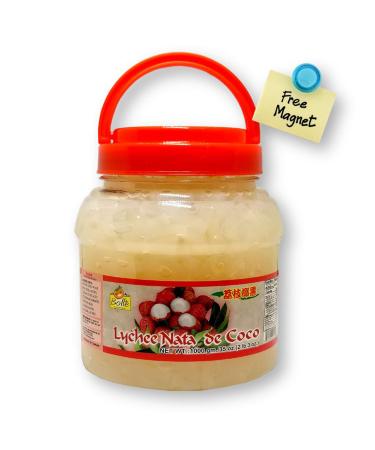 Bolle Lychee Nata De Coco Coconut Jelly Topping Boba Bubble Tea Ingredient 35 Ounce with 1 Round Colorful Refrigerator Magnet (2-Piece Set)