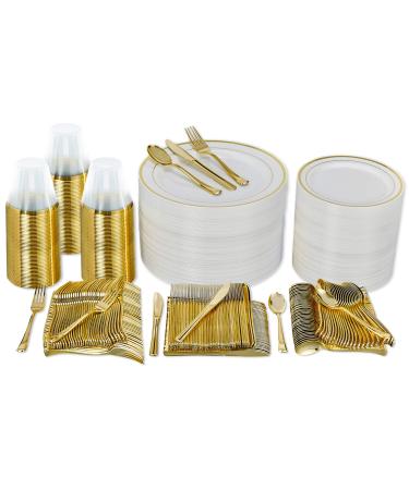 600 Piece Gold Dinnerware Party Set (100 Guest), 100 Dinner Plastic Plates, 100 Salad Gold Plates, 100 Gold Plastic Silverware Set, 100 Gold Plastic Cups Disposable Party Pack Wedding Birthday Parties Gold (600 count)