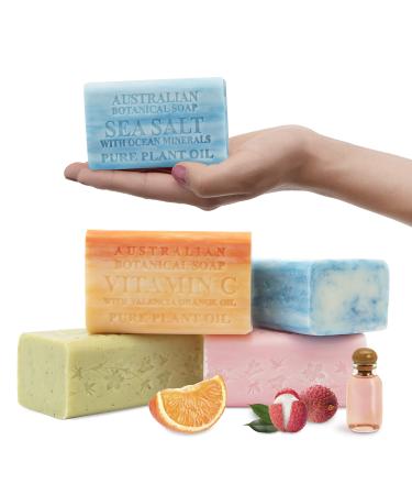 Australian Botanical Soap Pure Plant Oil Soaps 6.6 oz Sea Salt with Ocean Minerals Vitamin C with Valencia Orange Lemongrass with Lemon Myrtle Pink Lychee Vegan-Friendly Variety Pack of 4 Vegan-Friendly Variety Pa...