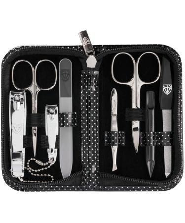 Three swords - 8 pcs.Manicure set 'Roma' |High quality nail care set in dotted synthetic leather etui |Contents: nail scissors set foot and nail clippers tweezers glass nail files sapphire nail file black / silver dotted