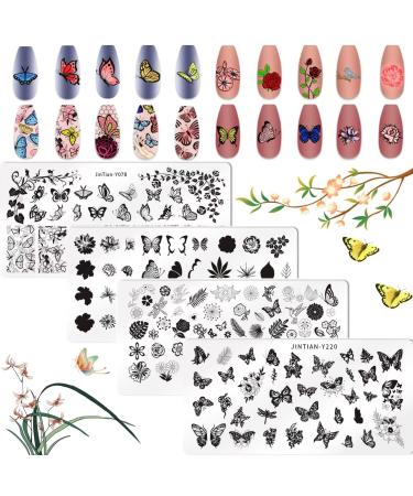RUNRAYAY 4Pcs Butterfly Nail Art Stamping Plates Flower Cute Animal Rose Print Manicure Templates for Women and Girls Nail Art Design DIY Print Manicure Salon